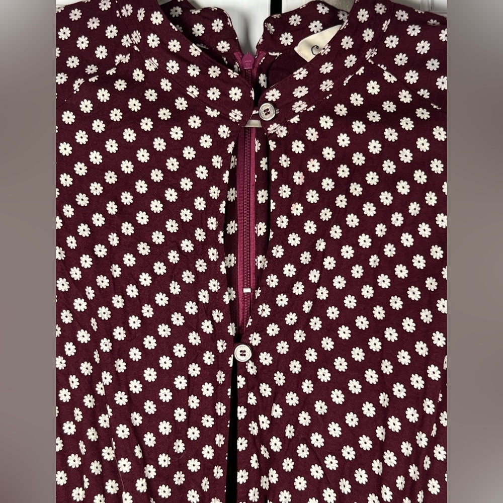 Cleobella White Flowers on Burgundy background Long Sleeve Dress Size Medium - Picture 3 of 8